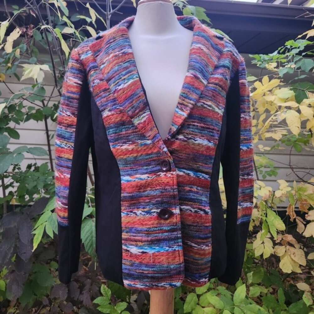 Elena Wang Colorful Knit Jacket XL Artsy Blazer‎ Black Trim Button Front